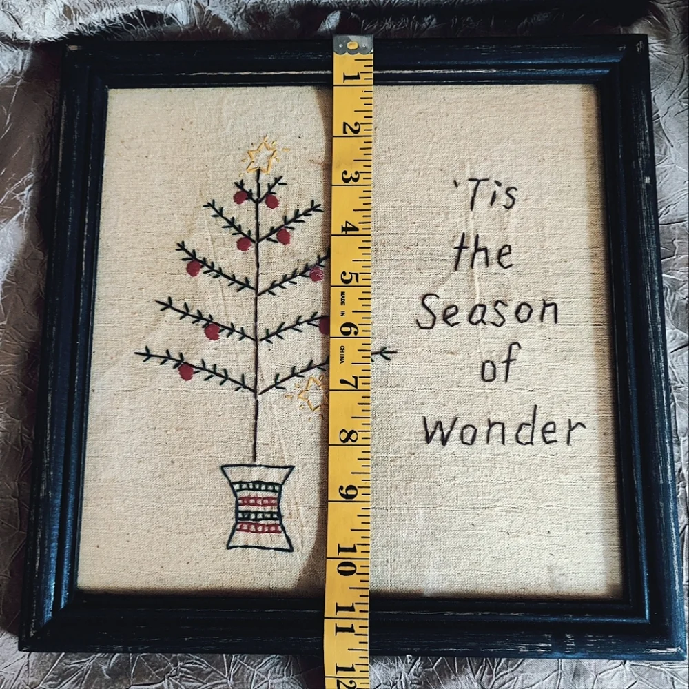 Christmas Picture Tis The Season of Wonder Embroidery Embroidered Vintage Framed